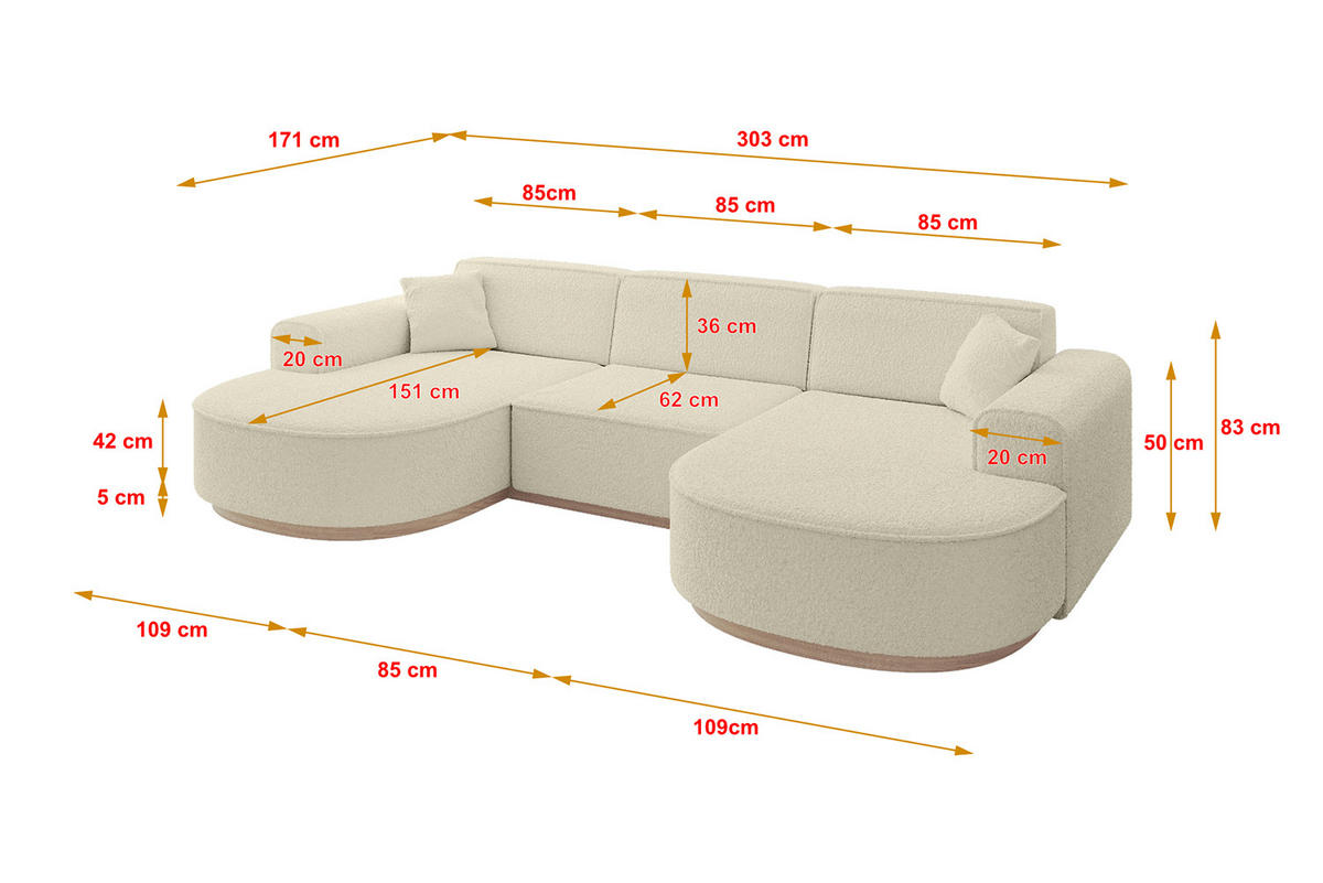 WOHNLANDSCHAFT MARI-U1-v1 - 303x171x83 cm Beige Bouclé - Beige, Holzwerkstoff/Textil (303/83/171cm) - ALTDECOR