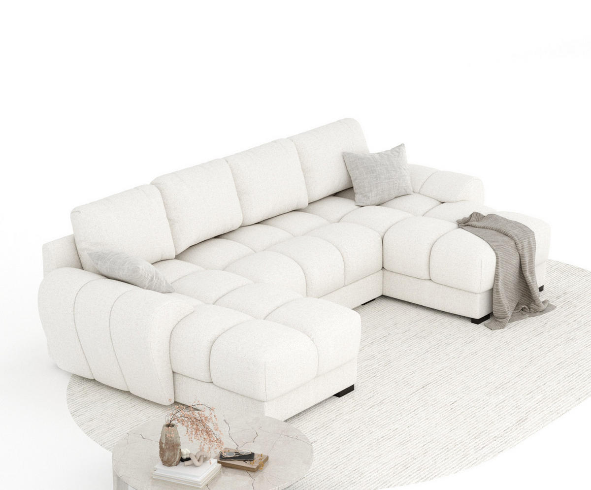 WOHNLANDSCHAFT Peebles Creme Webstoff - Creme/Schwarz, Holz/Holzwerkstoff (330/90/175cm) - Maison de Reve