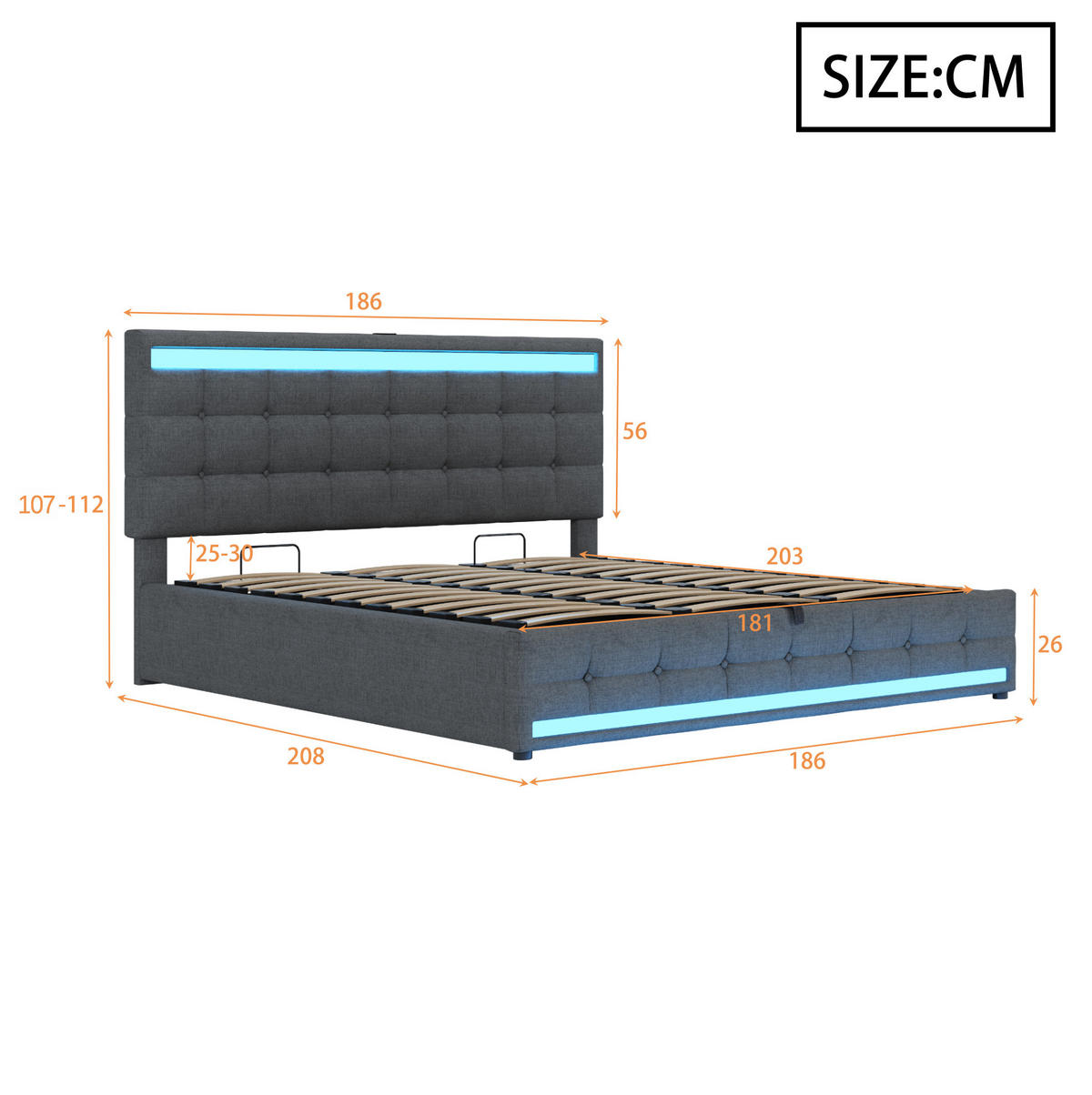 POLSTERBETT aus Leinen 180x200 cm in Grau mit LED-Beleuchtung & USB-Anschlüssen - Grau, Textil (180/200cm) - Modfu