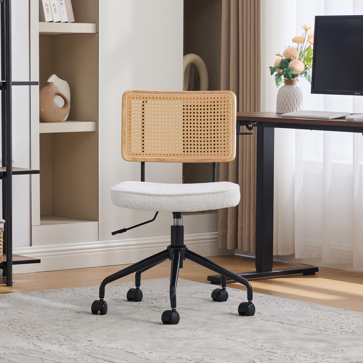 BÜROSTUHL Vintage, Elfenbein, Chenille, Rattan, verstellbar - Weiß, Textil (58.5/91.5/55cm)