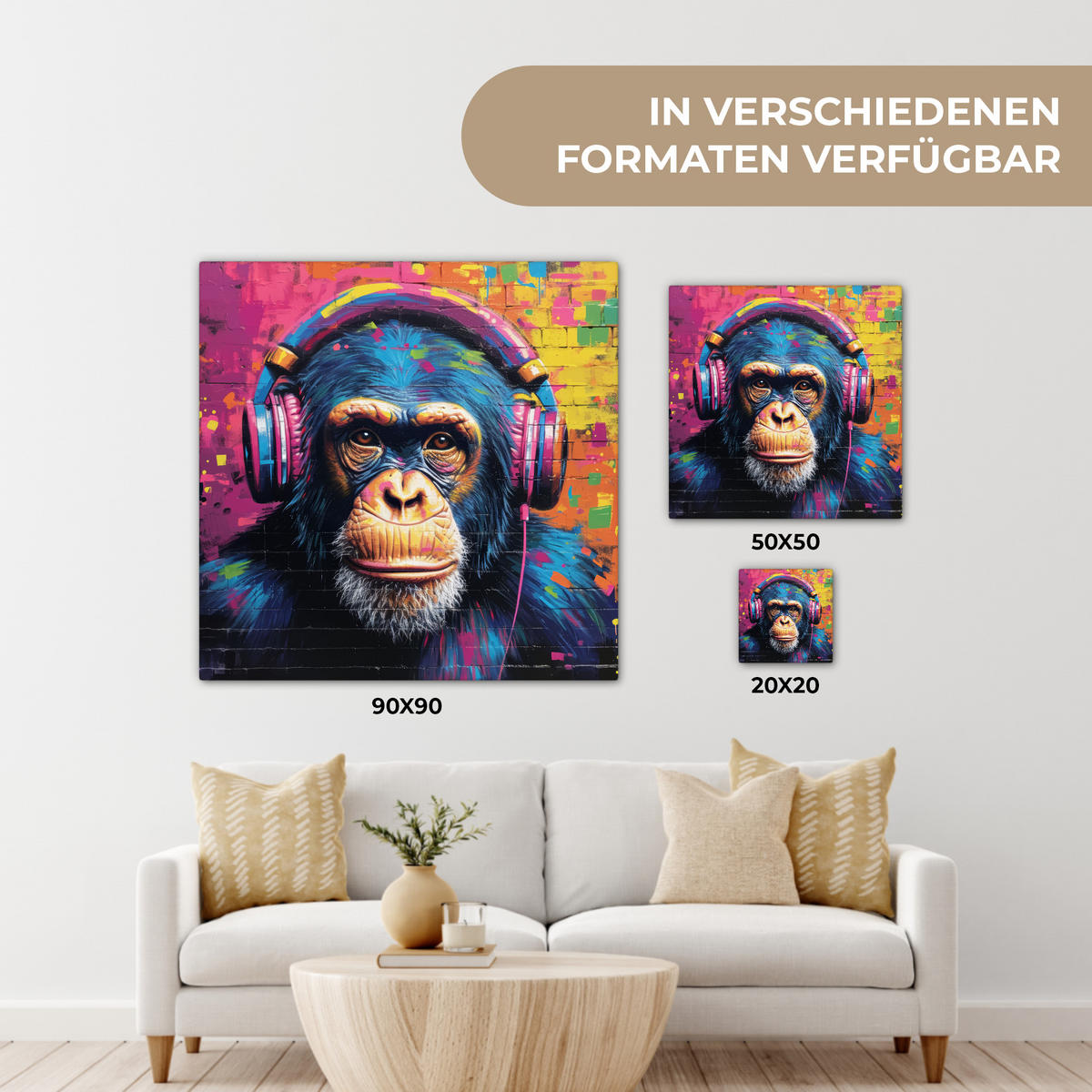 LEINWANDBILD Graffiti - Schimpanse - Straßenkunst - Kopfhörer - Affe 90x90 cm - Blau, Textil (90/90cm) - MuchoWow