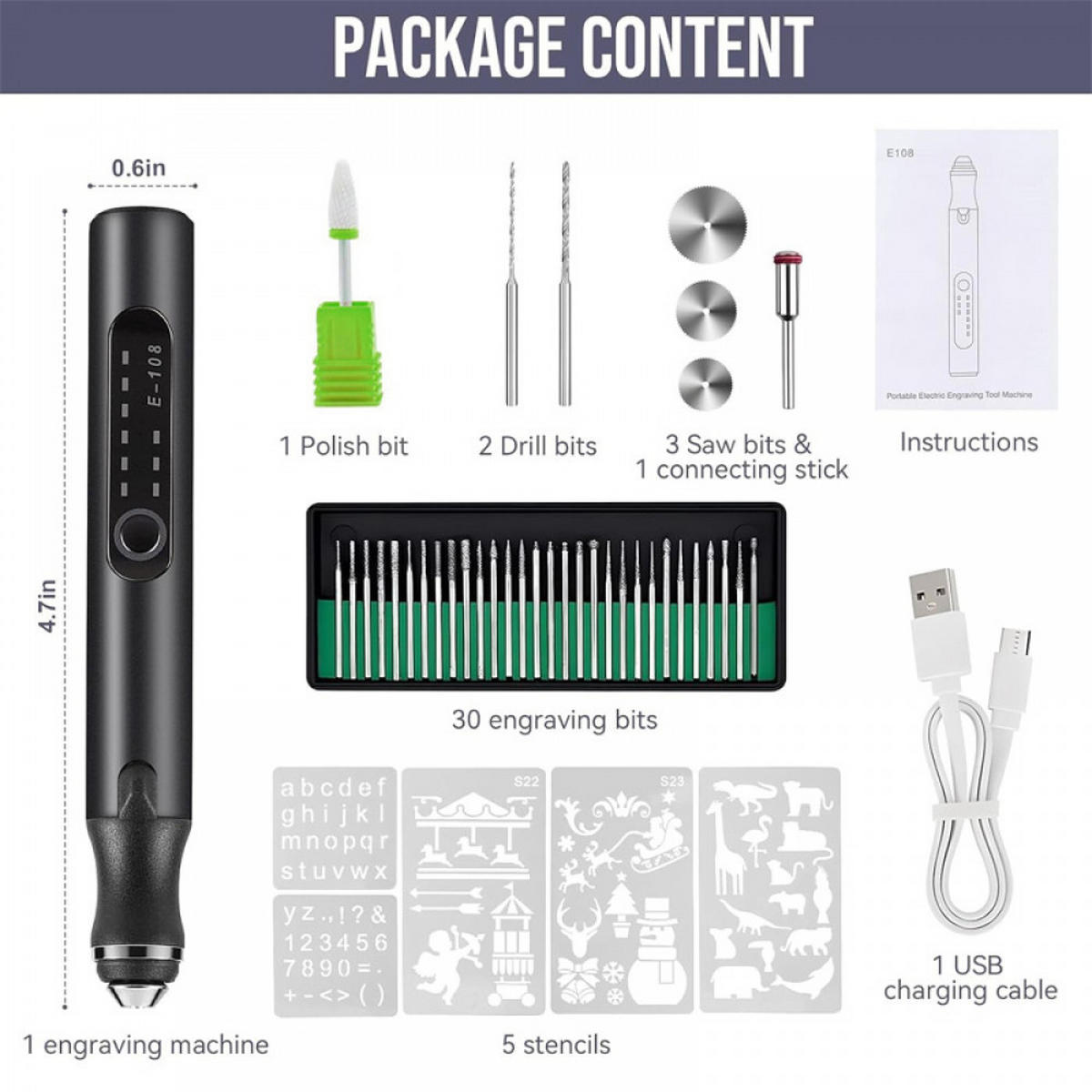 GRAVIERSTIFT – USB-wiederaufladbares Gravierwerkzeug-Set – Enthält 37 Spitzen und 5 Schablonen (schwarz) - Schwarz, Metall (21/14/4cm)