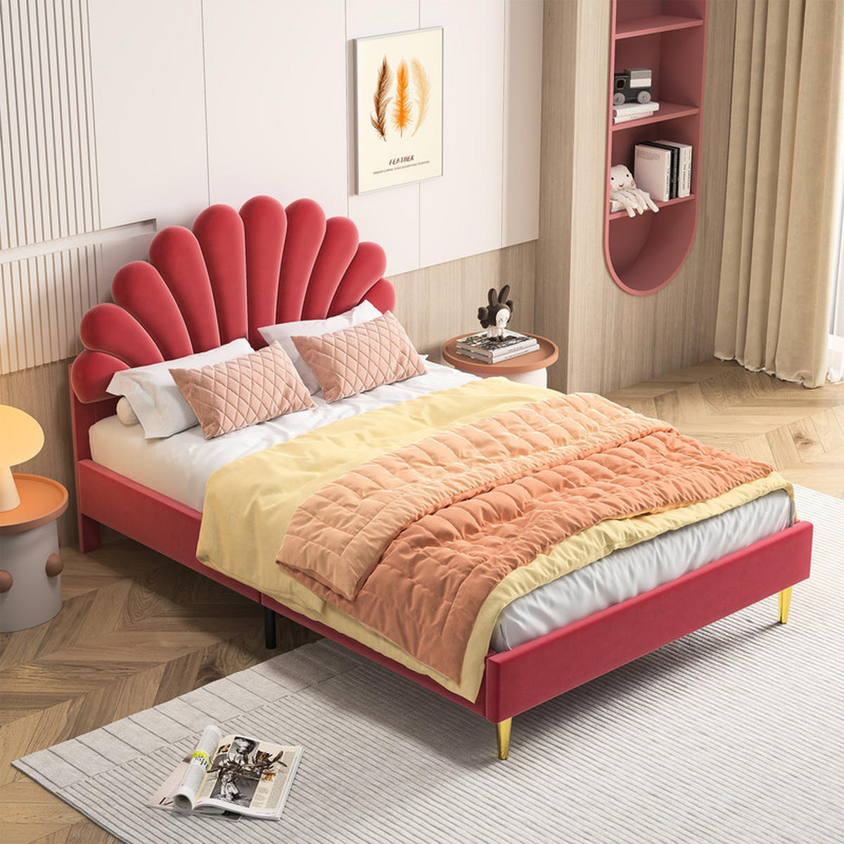 KINDERBETT 140x200 cm mit Lattenrost & Blumen-Kopfteil, Samt in Bordeaux, modernes Design, Komfortbett - Rot, Holz (140/200cm) - WoodenAura