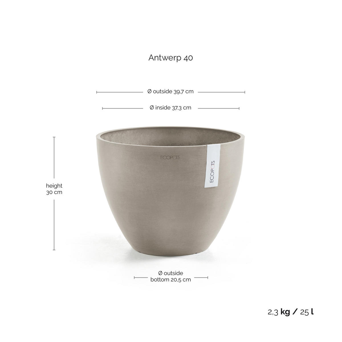 BLUMENTOPF Antwerp 39,7/30 cm Taupe - Taupe, Kunststoff (39.7/30cm) - Ecopots