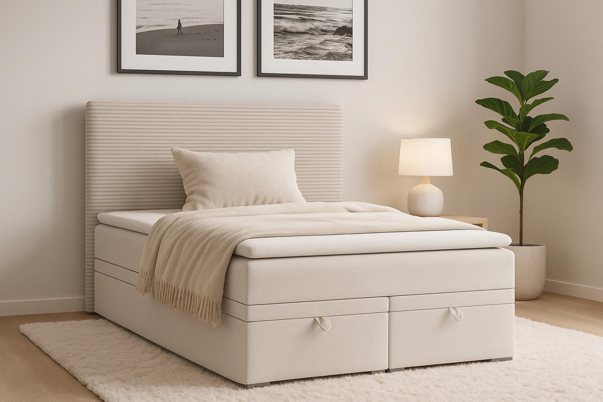 BOXBETT DARO 180/200 in Velour/Cord Creme - Creme, Holz/Holzwerkstoff (180/200cm) - Deine Möbel 24