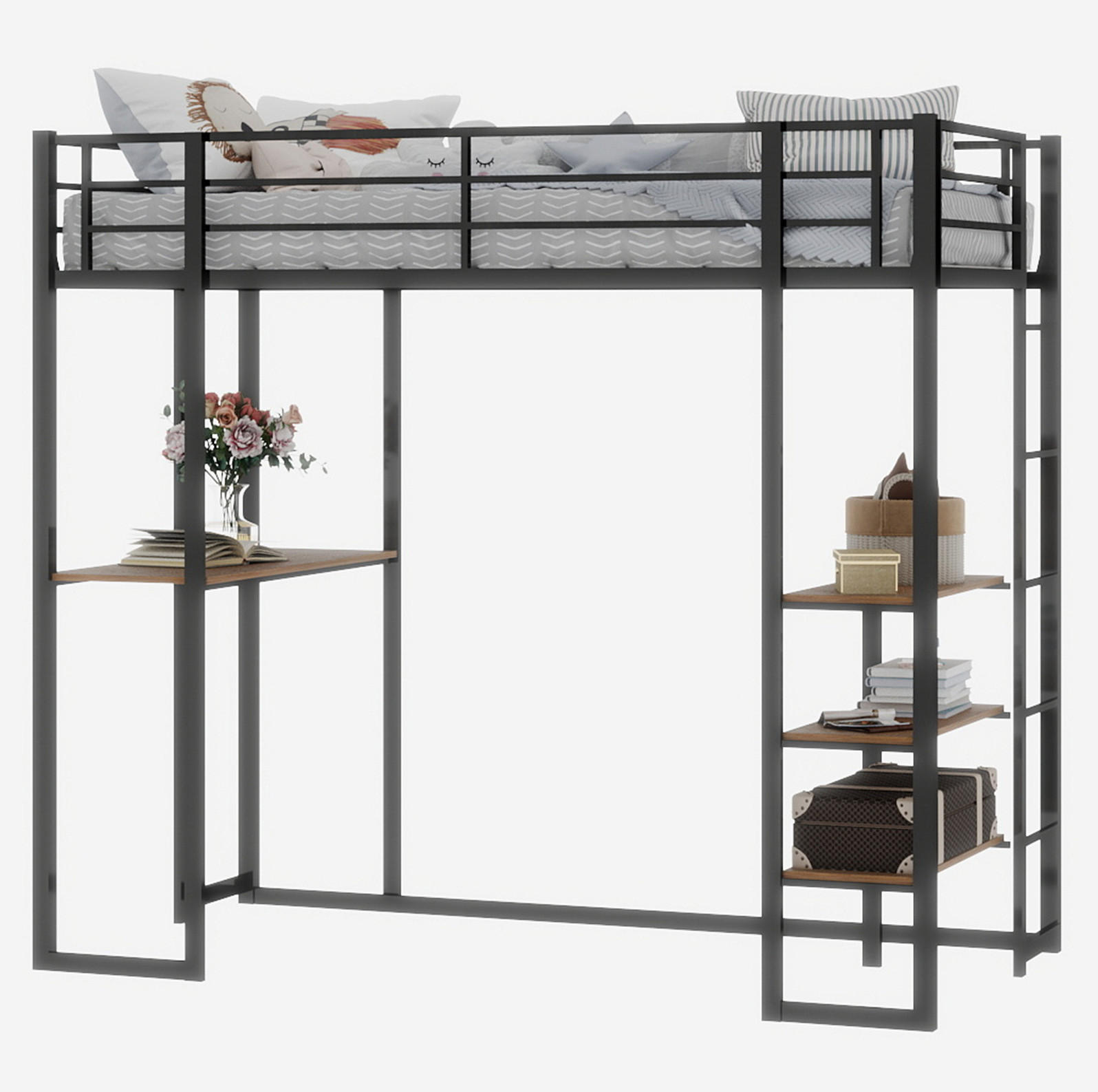 ETAGENBETT 90/200 cm schwarz aus Eisen mit Schreibtisch und beidseitiger Leiter - Schwarz, Metall (90/200cm) - OKWISH
