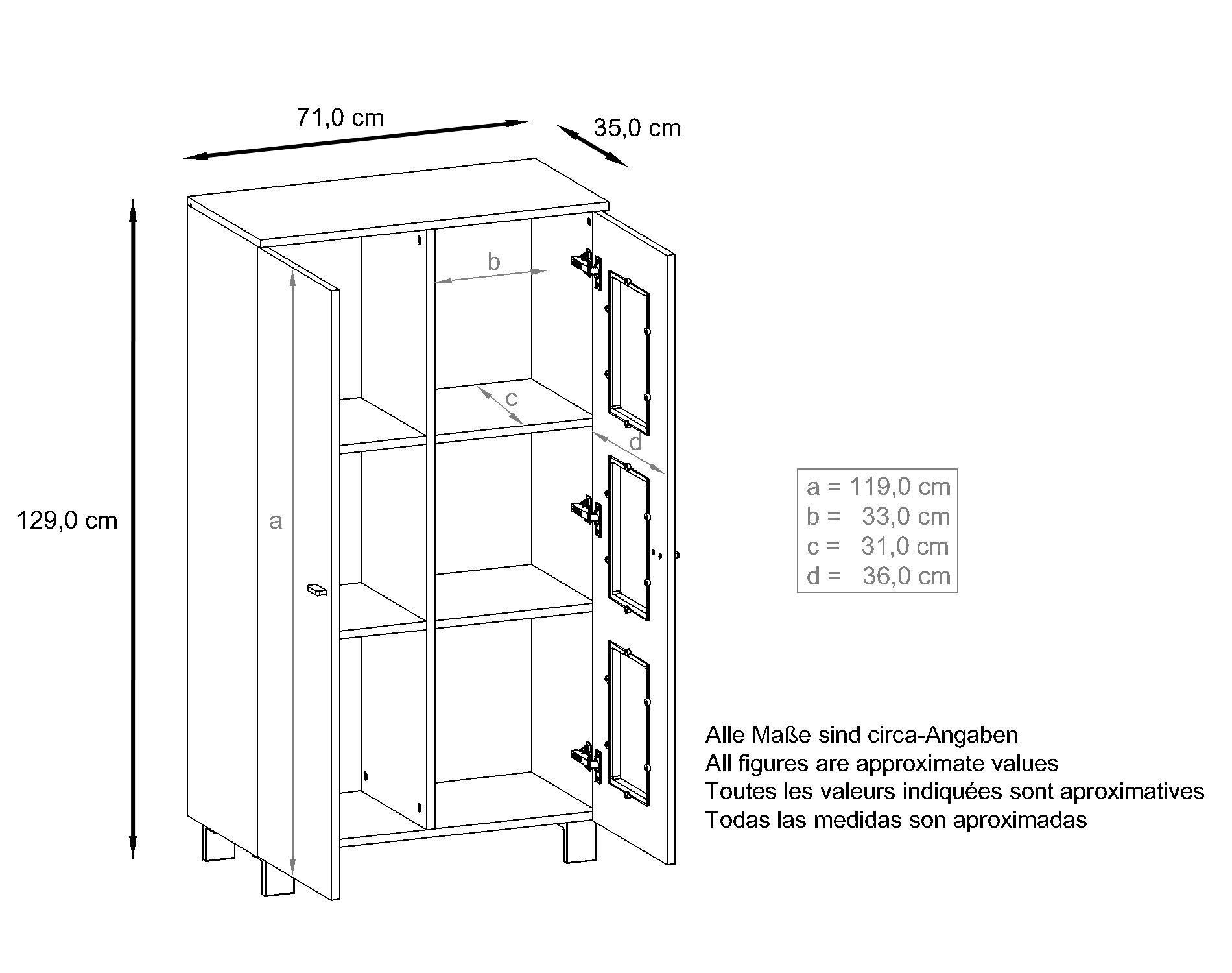 Thumbnail - Vladon Vitrine, Hellgrau, Holzwerkstoff, 71x129x35 cm, Wohnzimmer, Wohnwände, Vitrinenschränke