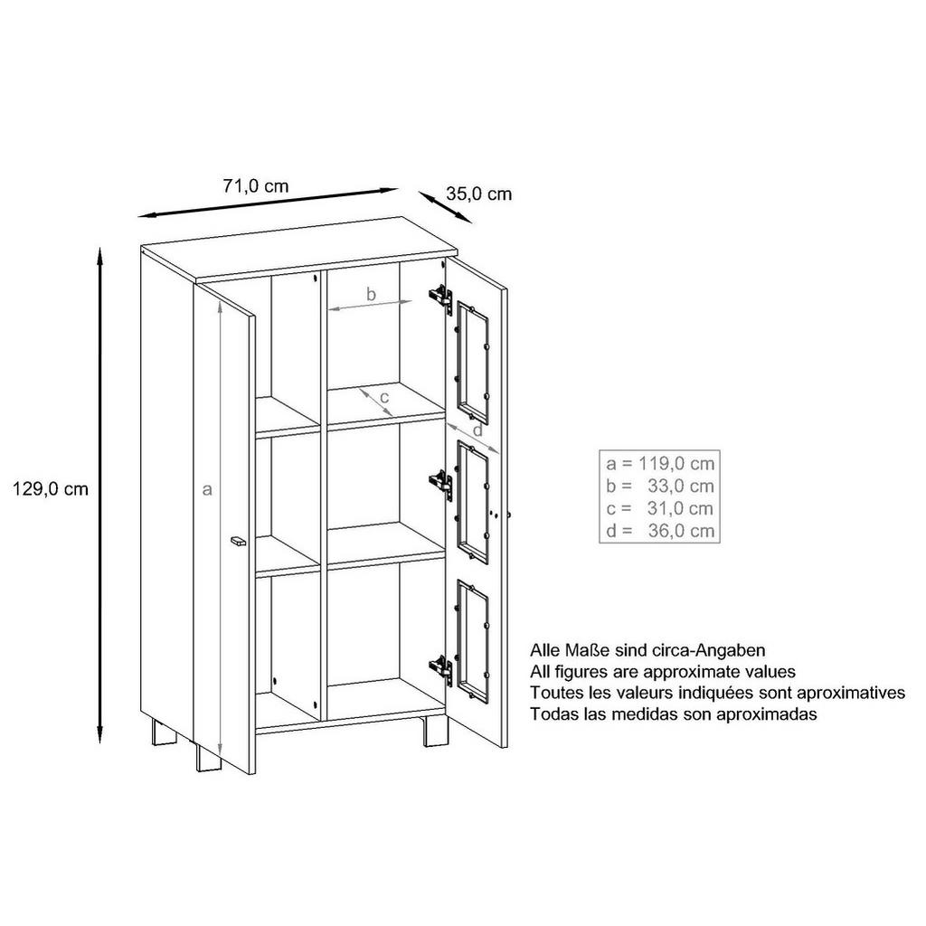 Thumbnail - Vladon Vitrine, Grau, Holzwerkstoff, 71x129x35 cm, Wohnzimmer, Wohnwände, Vitrinenschränke