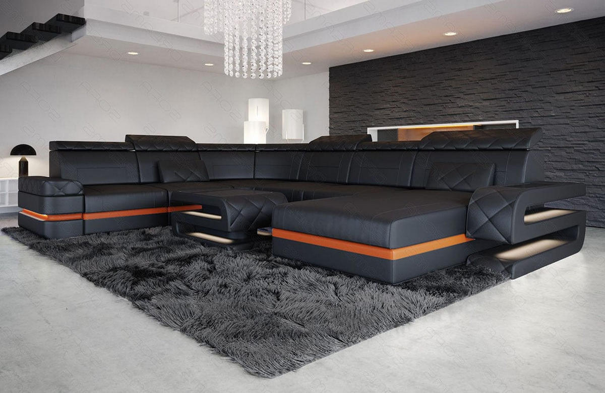 WOHNLANDSCHAFT Bologna Schwarz Orange Büffelleder - Schwarz, Leder (397/89/299cm)