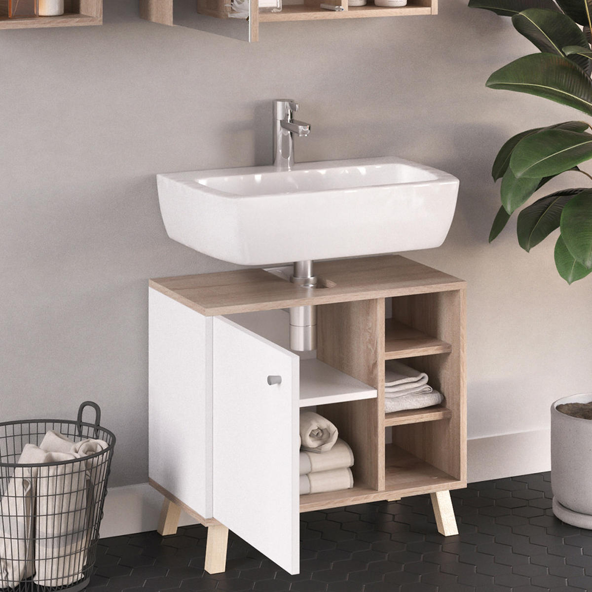 WASCHBECKENUNTERSCHRANK Senyo Weiß 60 x 54 cm - Weiß/Braun, Holzwerkstoff (60/54/32cm) - Vicco