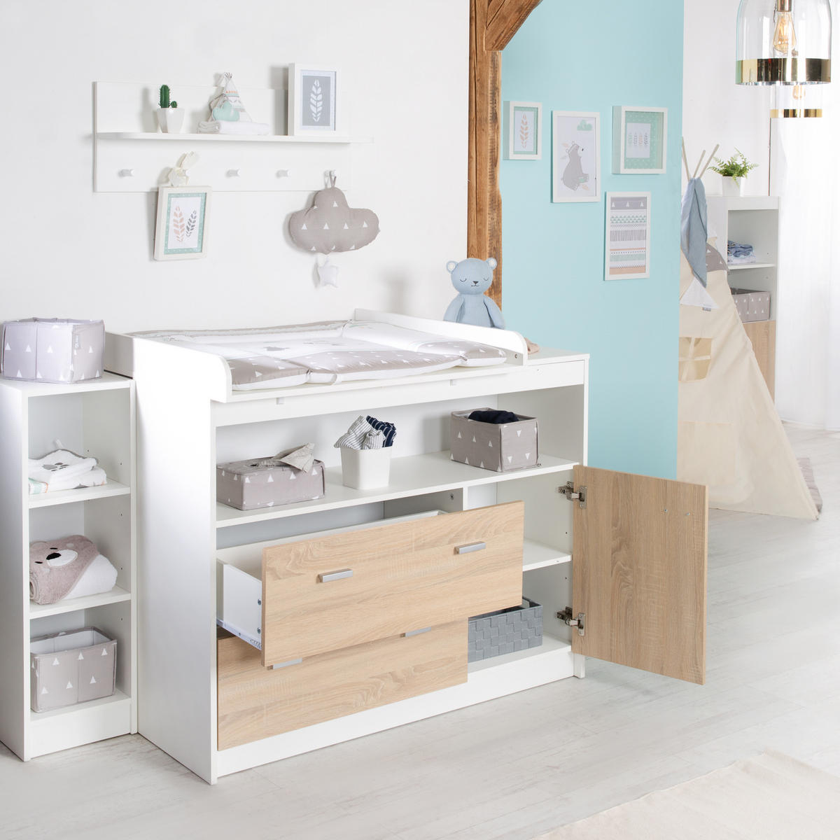BABYZIMMER-SET Gabriella mit breiter Wickelkommode, 3-teilig - Multicolor, Holzwerkstoff (76/80/142cm) - Roba