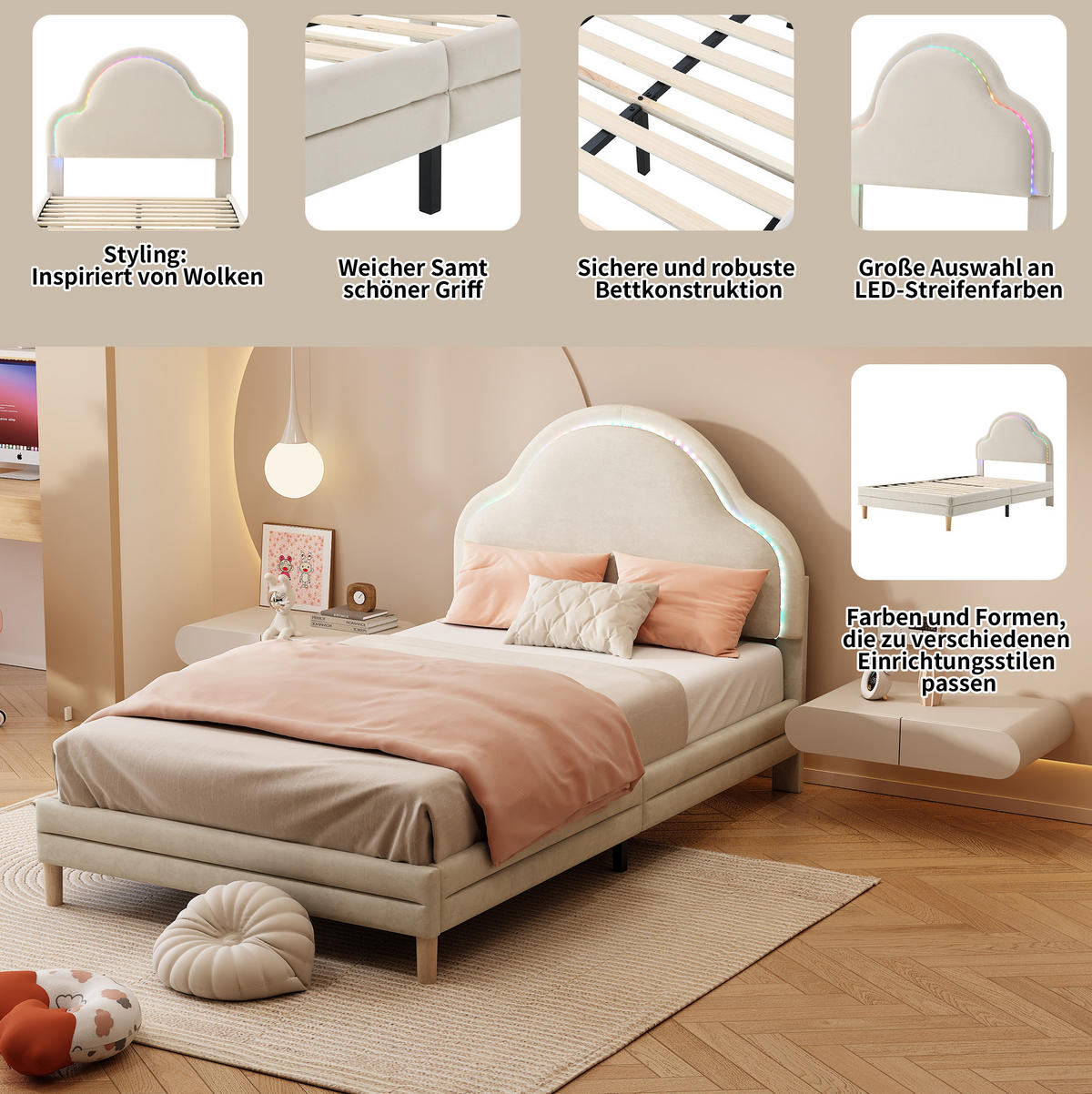 POLSTERBETT 90/200 cm aus Samt in Beige mit LED-Beleuchtung und Wolken-Kopfteil - Beige, Textil (90/200cm) - Flora Grace