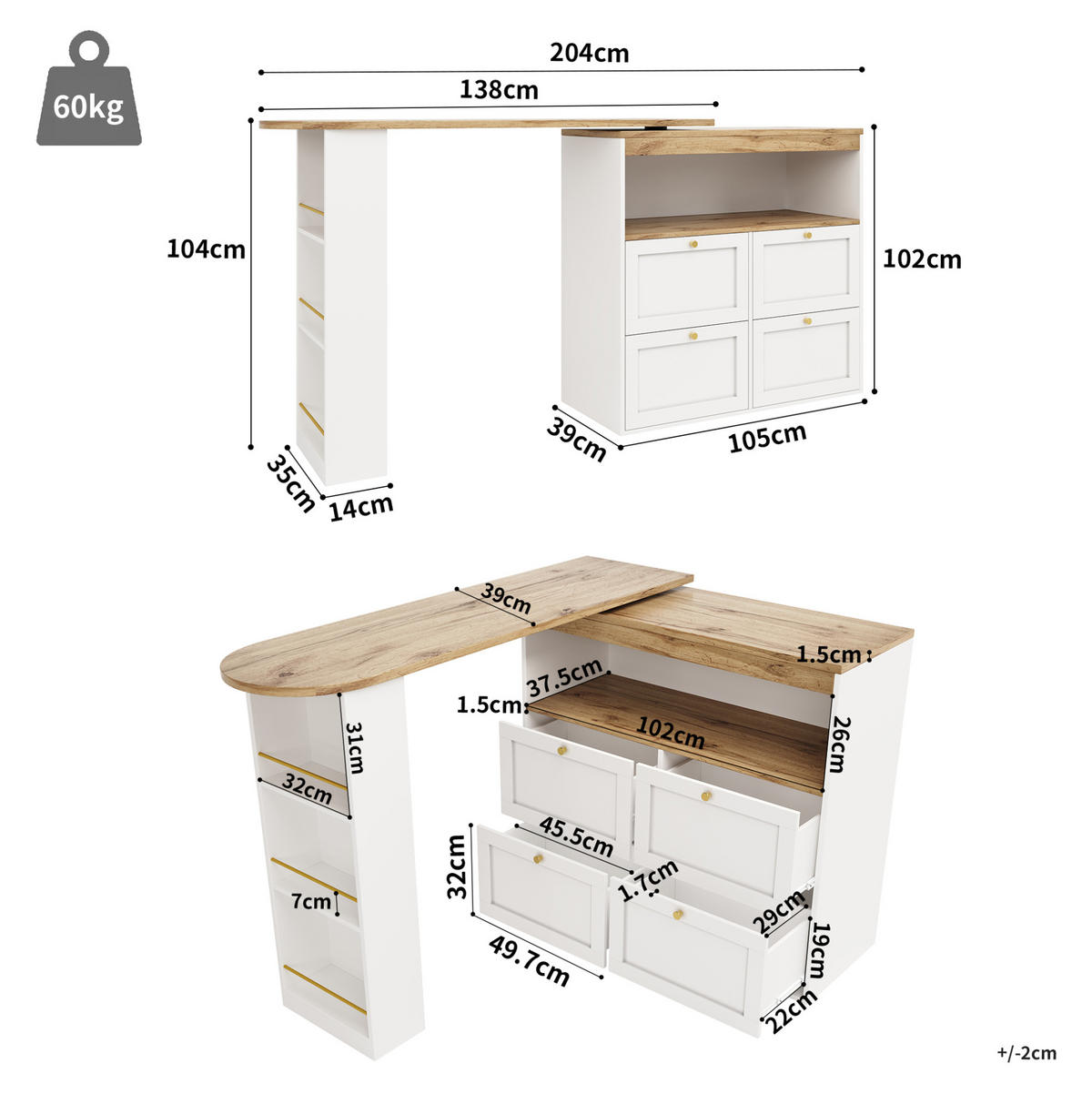 STOJEČI regal 138/39/104 cm z 4 predali in 360° vrtljivim stranskim delom, MDF, Bela - bela, leseni material (39/102/105cm) - Redom