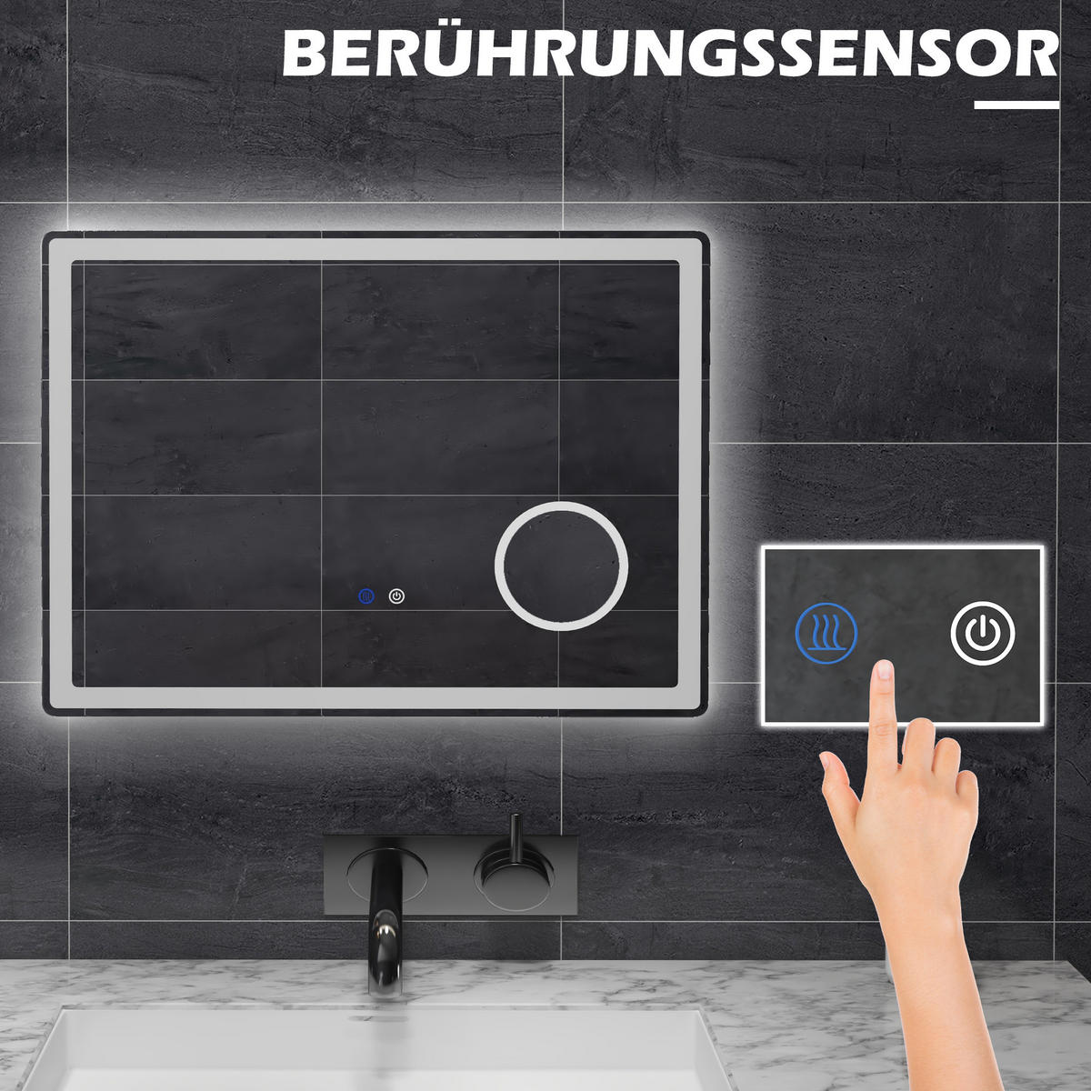 LED Badezimmerspiegel,mit 3x Vergrößerung, Memory-Funktion, beschlagfrei - Weiß, Glas (3.8/60/80cm) - Kleankin