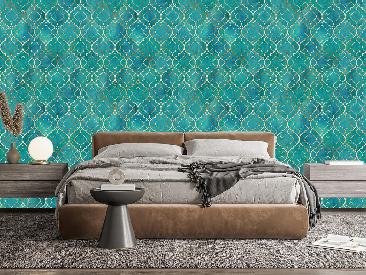 VLIESTAPETE Glamour-Ornamente – Türkis, Goldfarben – 50x1000 cm - Türkis/Goldfarben, Papier (50/1000cm) - Muralo