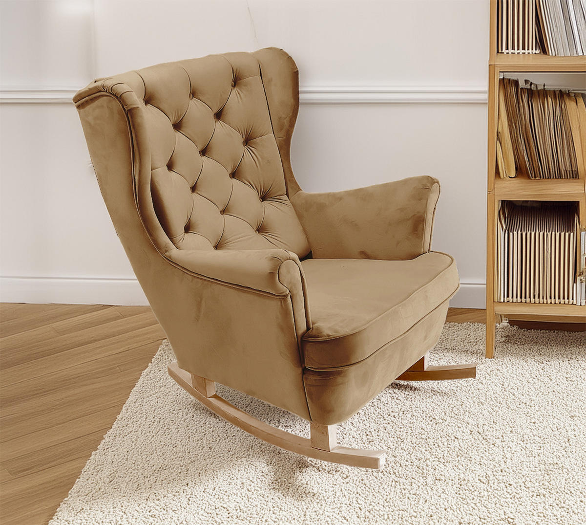 SCHAUKELSESSEL mit gepolstertem Sitz und Armlehnen, 102x81x95 cm, Cappuccino_29807 - Buchefarben/Creme, Holz/Textil (81/102/95cm) - DomoHome