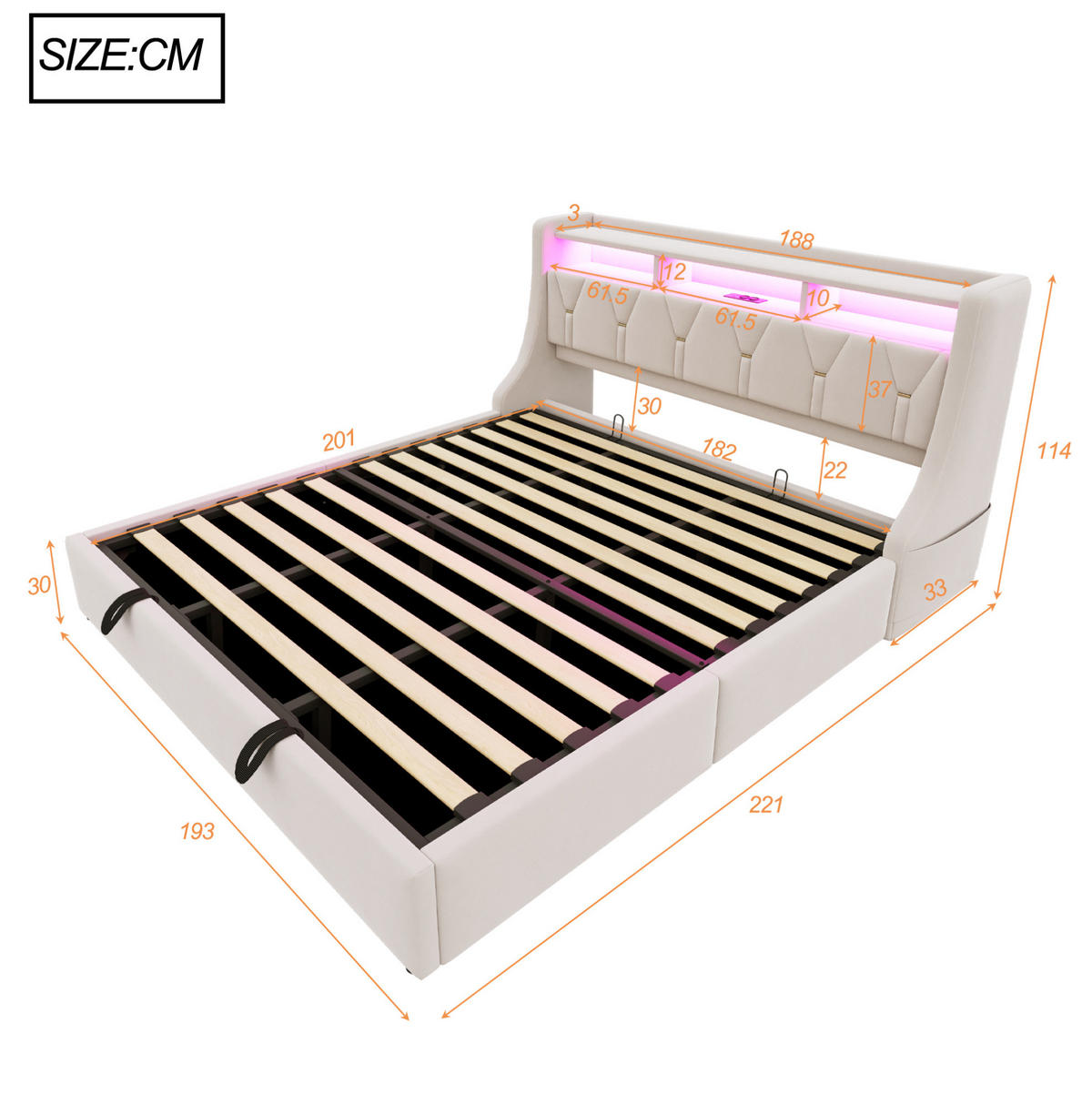 POLSTERBETT 180/200 cm Beige aus Samt mit Stauraum mit LED-Beleuchtung - Beige, Textil (180/200cm) - OKWISH