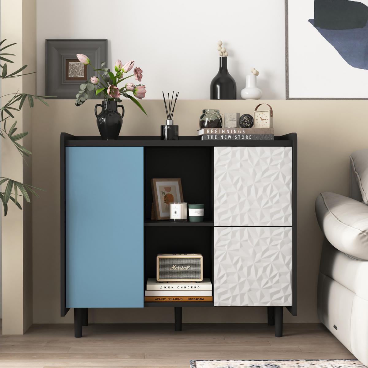 KOMODA 40/90/80 cm, MDF, černá/modrá, se zásuvkami a otevřeným úložným prostorem - černá, kompozitní dřevo (90/80/40cm) - BEAOK