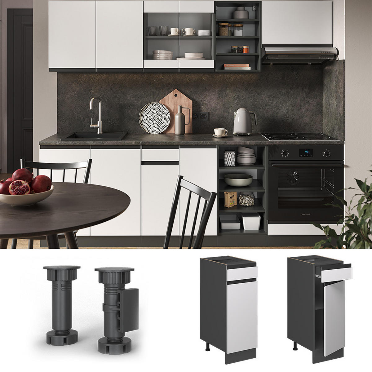 KÜCHENUNTERSCHRANK R-Line Weiß 30 cm, AP Anthrazit - Anthrazit/Weiß, Holzwerkstoff (30/81.6/60cm) - Vicco