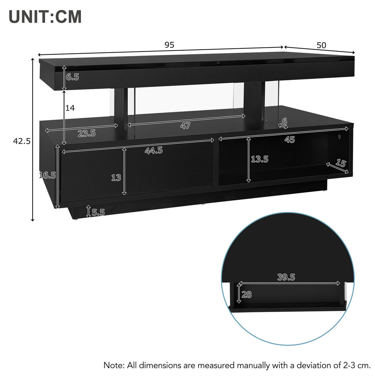 KLUB stolić 95/50/42,5 cm crni od iverice s LED rasvjetom i staklenim umecima - crna, drvni materijal (95/50/42.5cm) - OKWISH