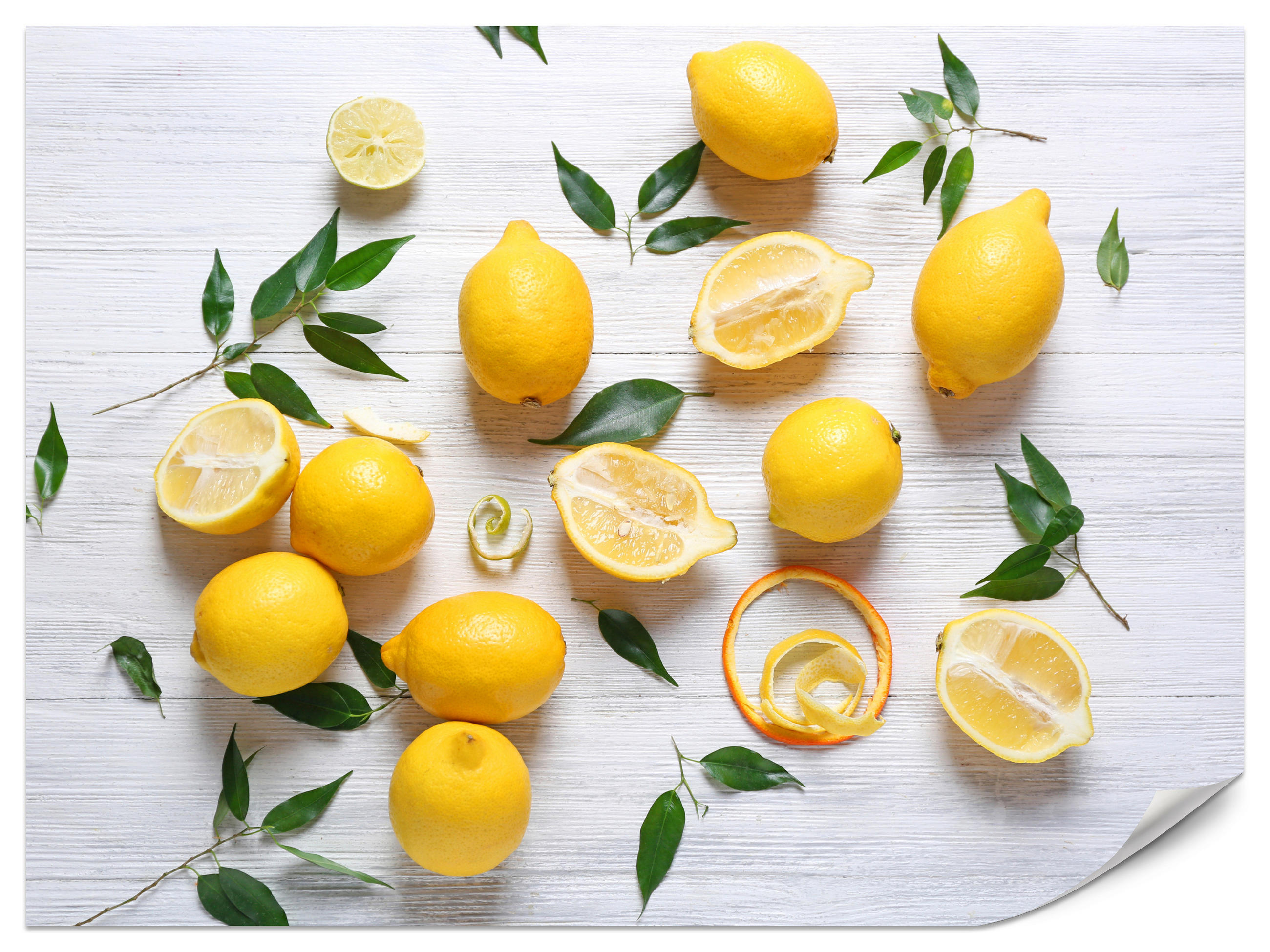 FOTOTAPETE für Küche Zitronen Holztisch Blätter Frisch Rustikal 300x210 - Gelb/Weiß, Papier (300/210cm) - Muralo