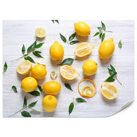 FOTOTAPETE für Küche Zitronen Holztisch Blätter Frisch Rustikal 300x210 - Gelb/Weiß, Papier (300/210cm) - Muralo