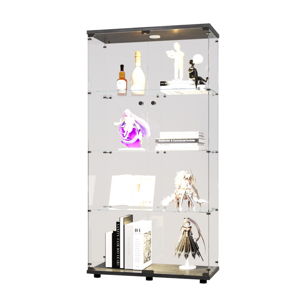 VITRINE LED-Glasvitrine Schwarz Mit 2 Türen, 4 Ebenen, Spiegel & Licht - Schwarz, Holz (36.49/163.9/80.49cm)