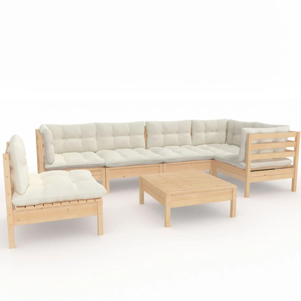 GARTEN-LOUNGE-SET 7-teilig Mit Creme Kissen Kiefernholz - Creme, Holz - vidaXL