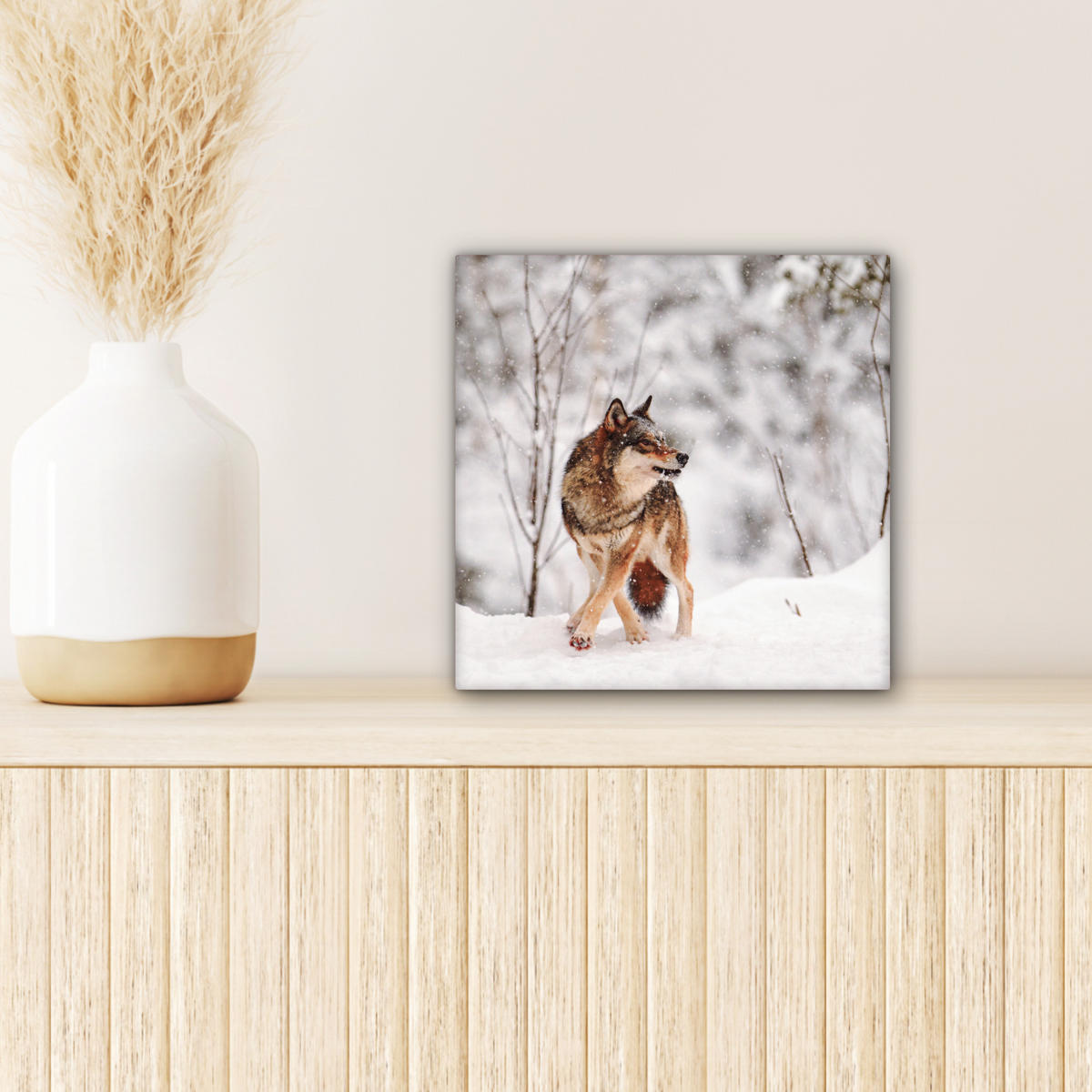 LEINWANDBILD Wolf - Winter - Schnee - Natur - Tiere Deko Wohnzimmer 20x20 cm - Haselnussfarben, Textil (20/20cm) - MuchoWow