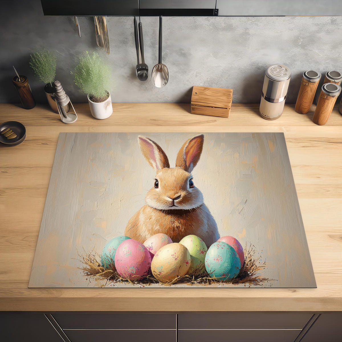 HERDABDECKPLATTE Osterhase - Pastell - Eier Induktionsmatte 77x59 cm - Beige, Kunststoff (77/59/0.2cm) - MuchoWow