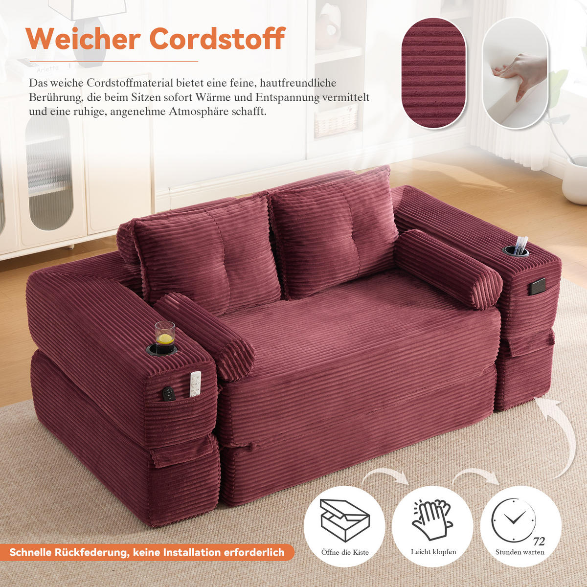 SCHLAFSOFA mit Klappfunktion, Memory-Kissen und Getränkehalter aus Cord - Weinrot, Textil (180/80/98cm) - EVRYAE
