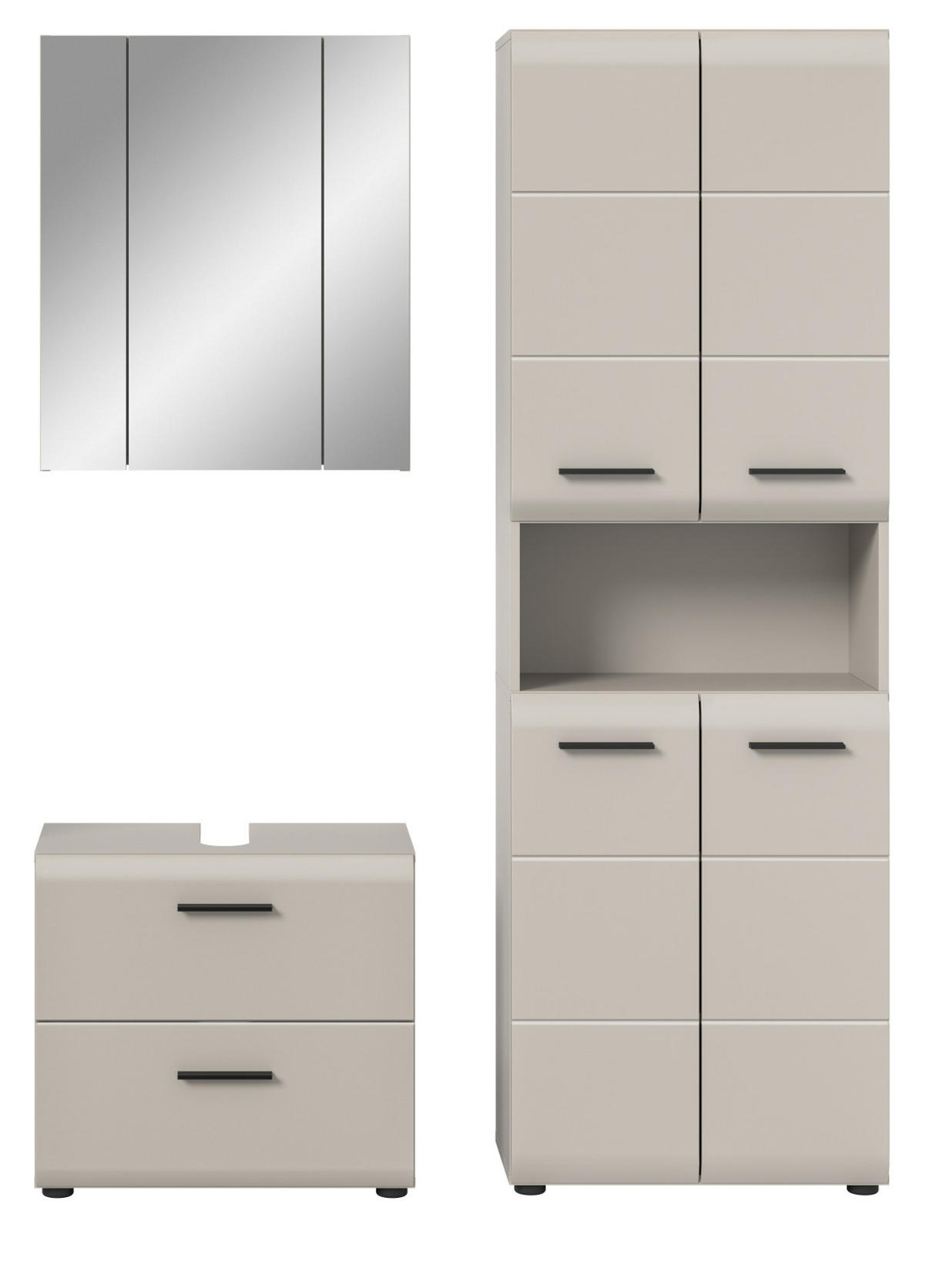 BADMÖBEL-SET Kaschmir 3-teilig 135 cm, Komplettset mit XL Hochschrank - Kaschmir/Schwarz, Glas/Holzwerkstoff (135/185/30cm) - Inn.Furn