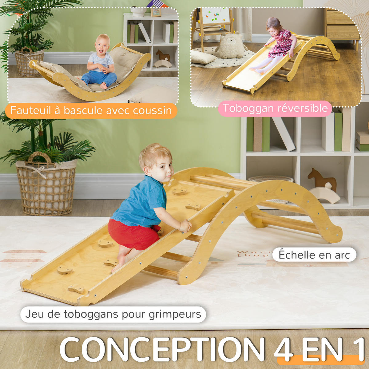 KLETTERBOGEN DE-18393 4-in-1 mit Wippe, Rampe & Kissen Naturholz - Naturfarben, Holzwerkstoff (49.5/168cm) - ComfortXL