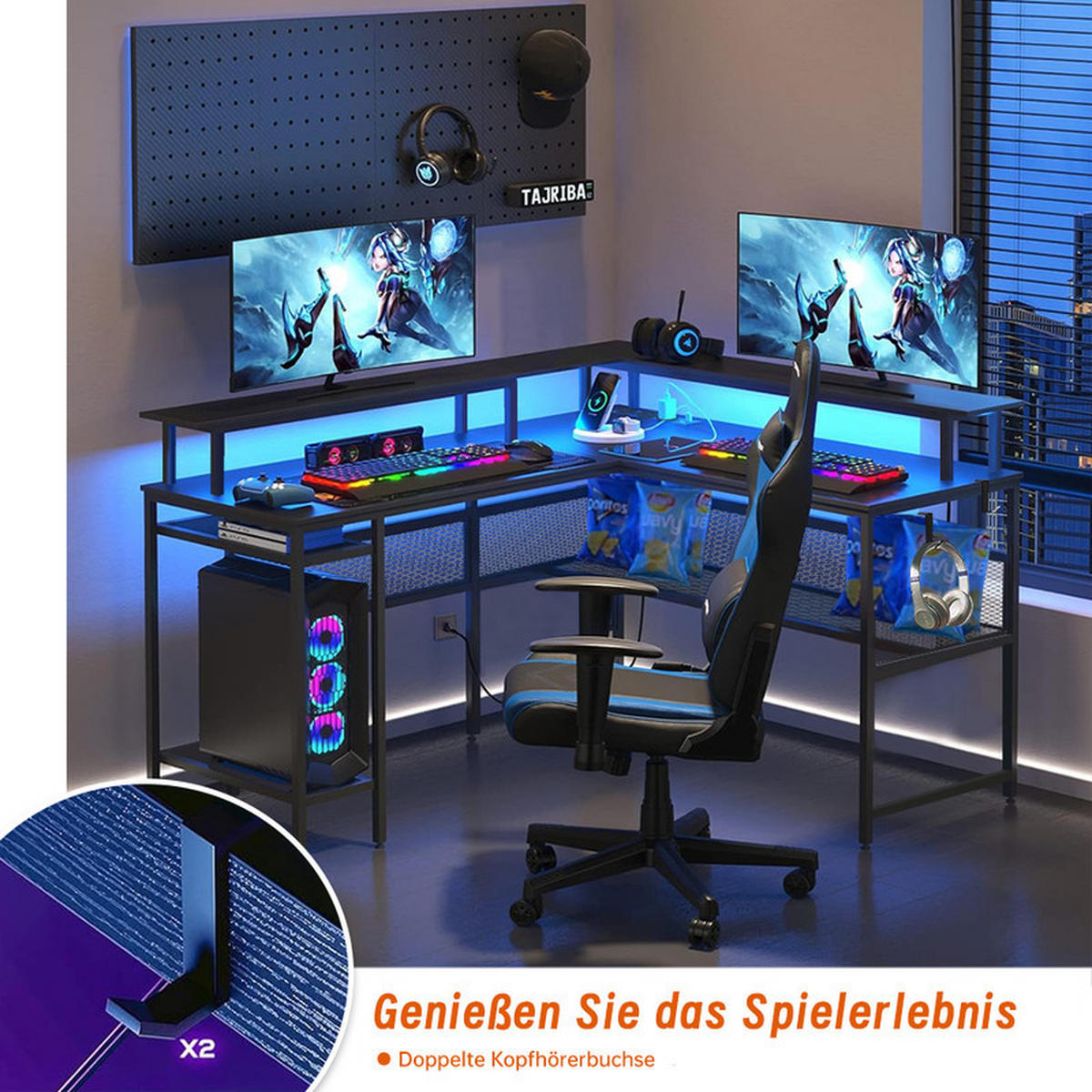 GAMINGTISCH L-förmig, 140 x 120 x 75 cm, Eck-Computertisch mit Stauraum, Monitorständer, 2 USB-Ladegerät, 3 Steckdosen, LED - Schwarz, Metall (140/48/75cm)