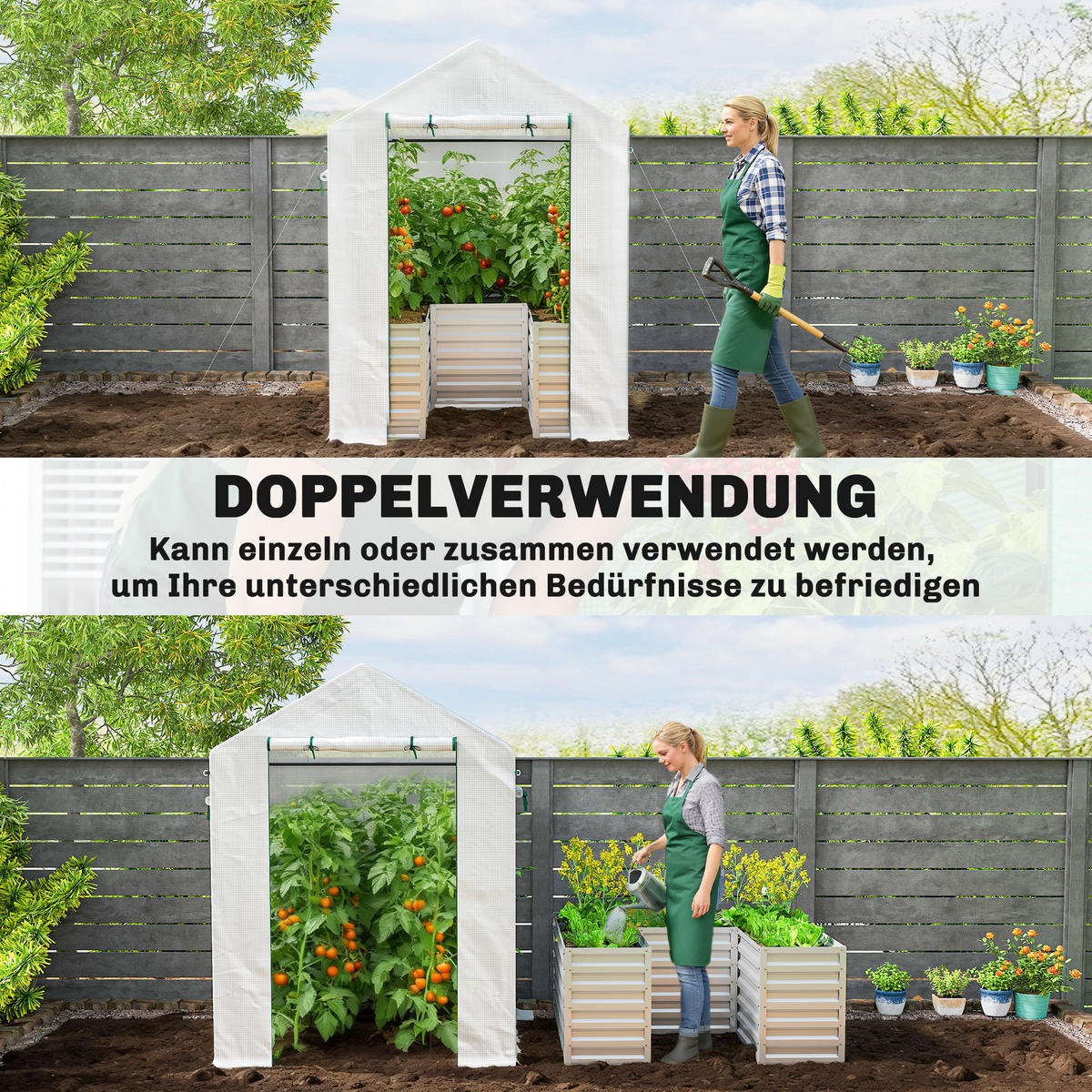 TOMATENGEWÄCHSHAUS Foliengewächshaus mit Hochbeet Rolltor Fenster Schrägdach - Weiß, Metall (141/190/141cm) - Outsunny