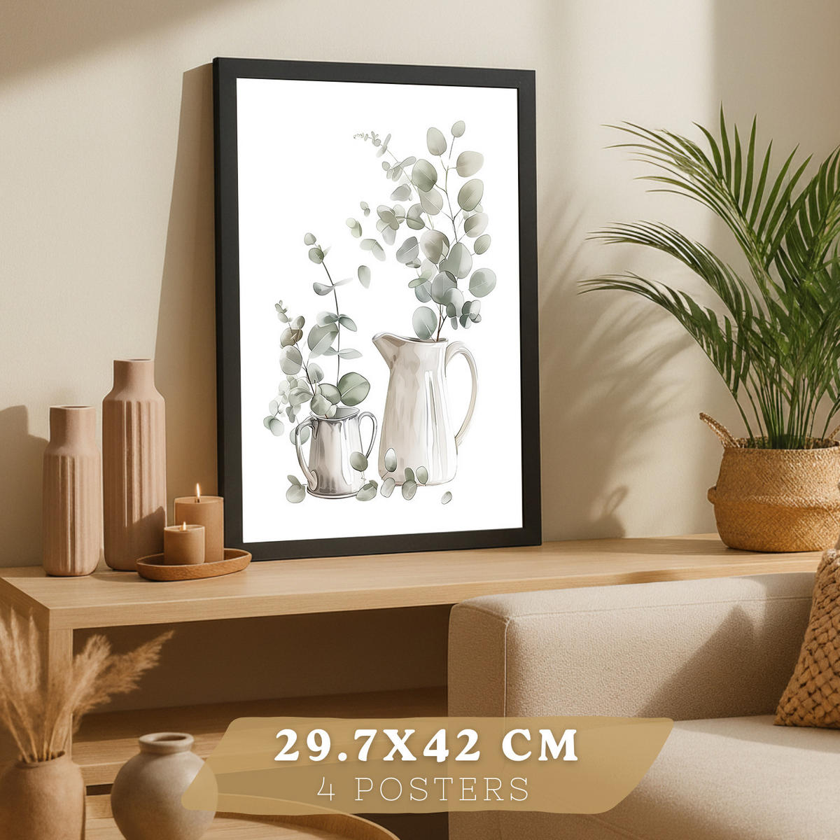 PLAKAT Sada 4 dekorativních nástěnných tisků, Botanická kuchyně. Bohémský venkovský styl. Rustikální kuchyně. Velikost Černý rám A3 - černá, papír (29.7/42/3cm) - Nacnic