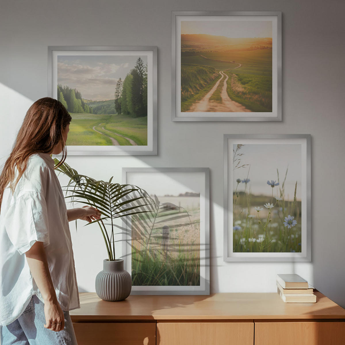 WANDBILDER 4er Set - 50x50 cm & 40x60 cm Silberner Rahmen - Landschaften Natur Felder Sonne - Silberfarben, Kunststoff (50/50cm) - ArtPrintCave