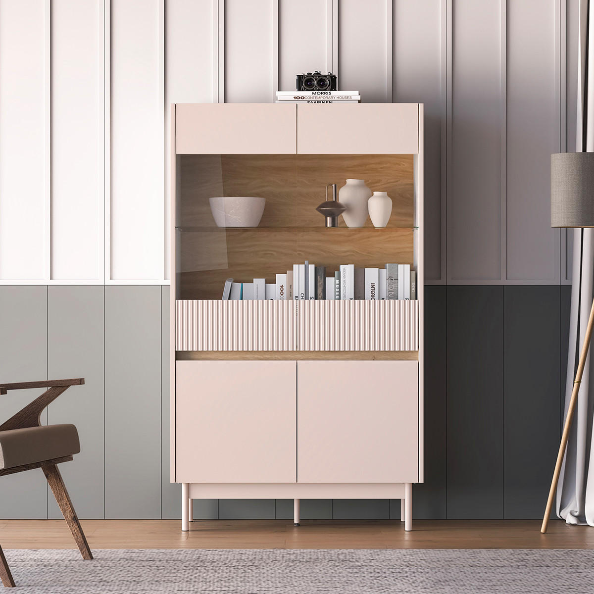 VITRÍNA Connie Kašmír a dřevo - béžová, kompozitní dřevo (91.9/155.8/40cm) - Petits-meubles