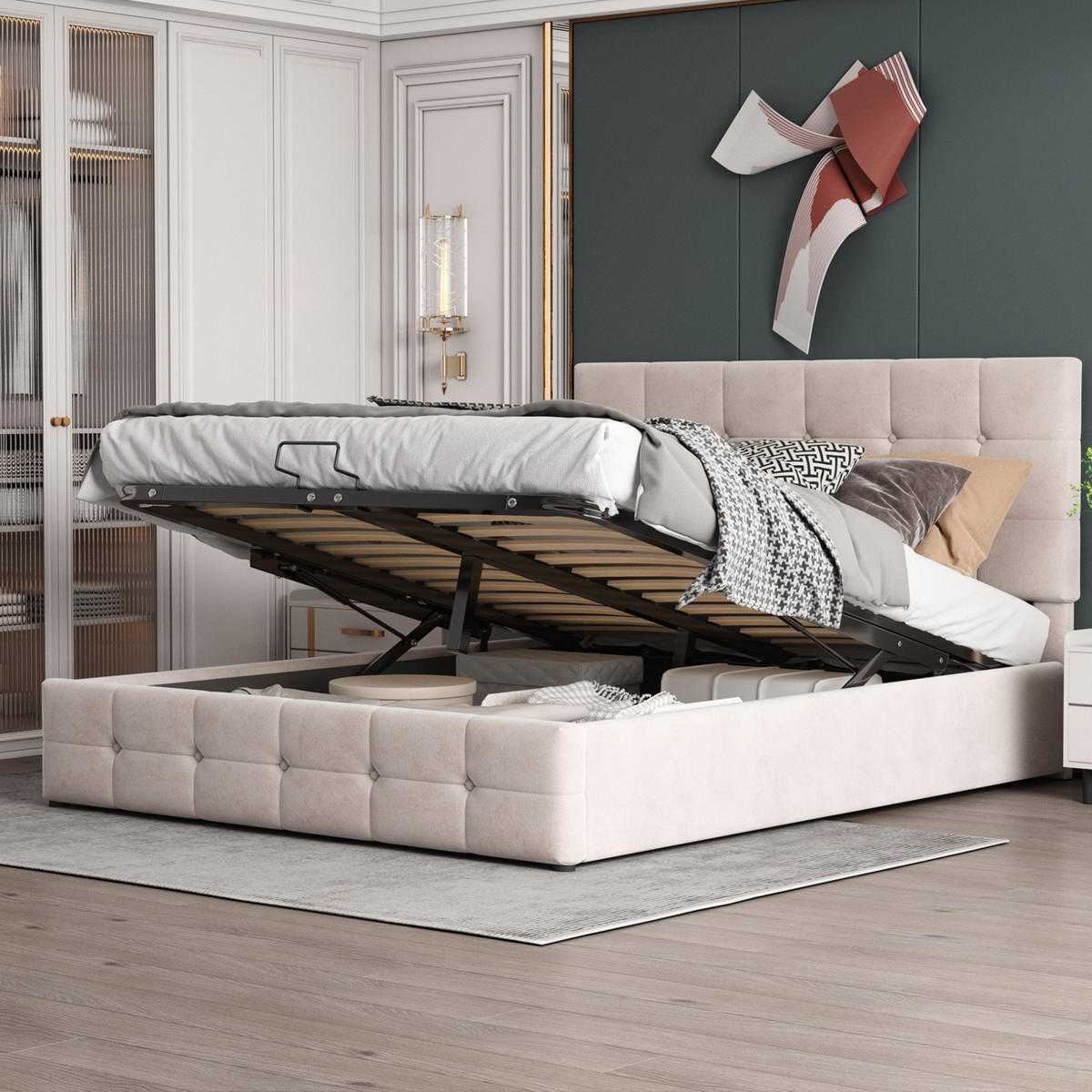 POLSTERBETT mit Bettkasten 203 x 140 cm Samt Cremeweiß - Beige, Metall (140/200cm) - Meubliv