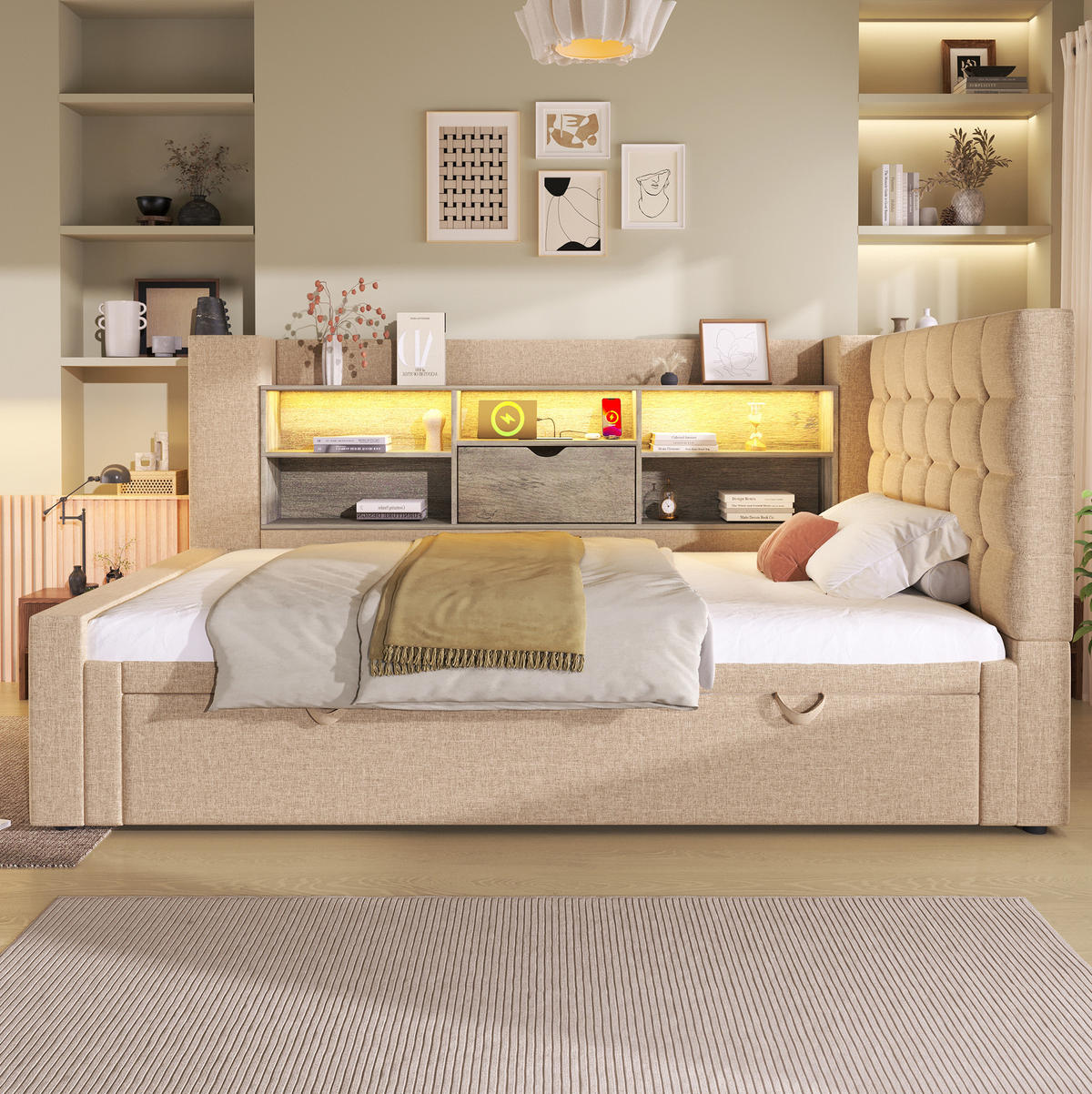 POLSTERBETT 90/180 x 200 cm Beige mit LED-Beleuchtung und USB- und Type-C-Anschlüssen - Beige, Textil (90/200cm) - Flora Grace