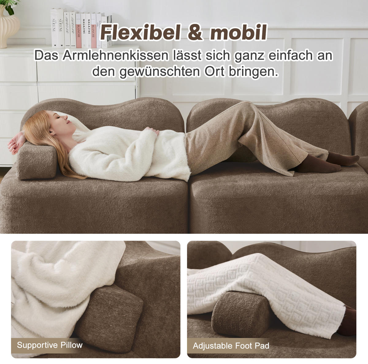 ECKSOFA 384/98/70 cm Braun aus Samt mit Wellenform, tiefer Sitzfläche und modularem Hocker - Braun, Textil (98/384cm) - OKWISH