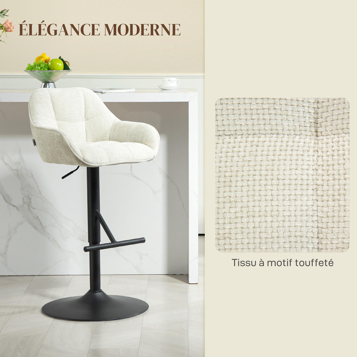 BARHOCKER 2er-Set DE-14749 höhenverstellbar mit Leinenbezug Creme - Creme, Metall (53/108/52.5cm) - ComfortXL