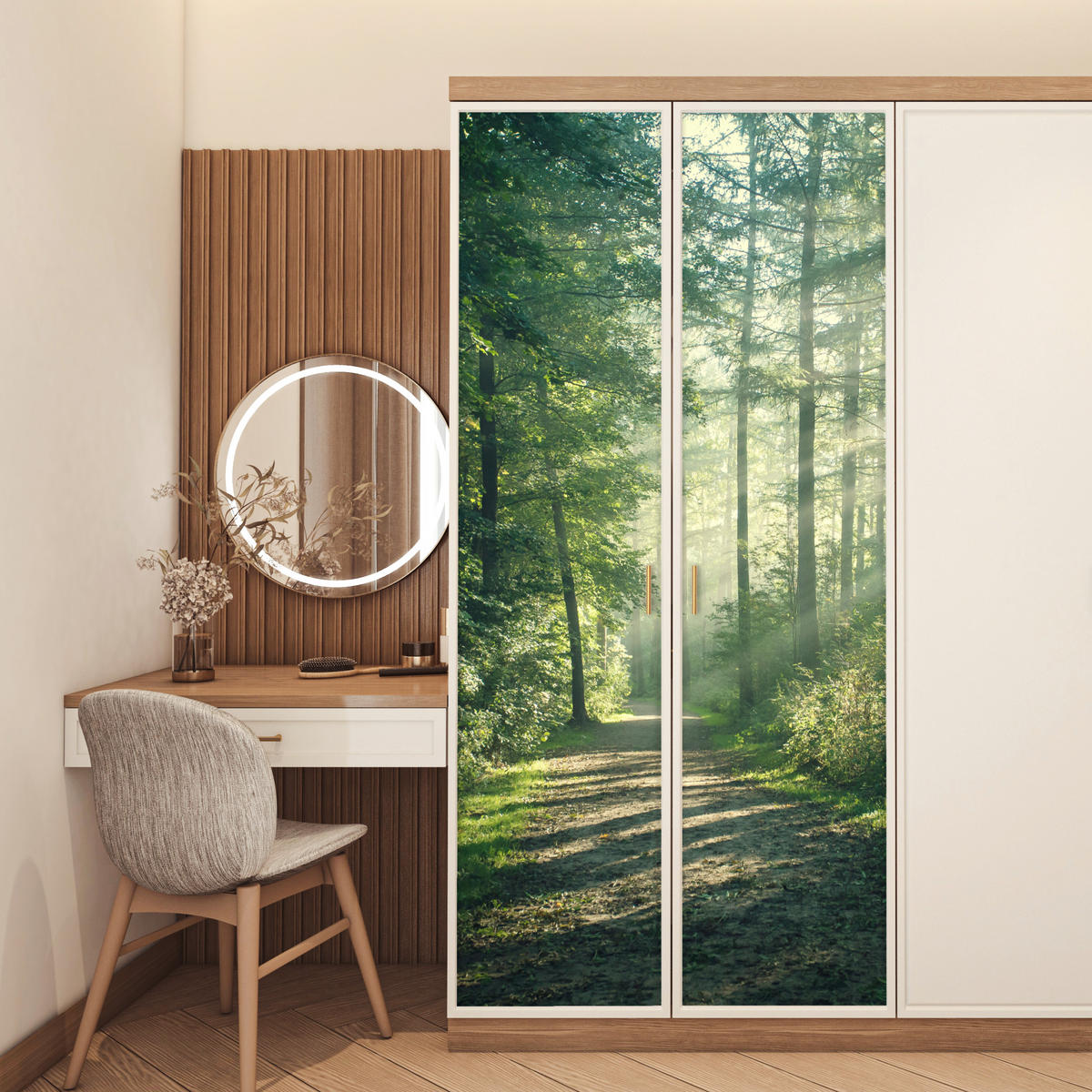 SAMOLEPKA NA DVEŘE Les - Cesta - Slunce - Stromy - Zelená - Příroda 95x215 - lesní zelená, plast (95/0.1cm) - MuchoWow