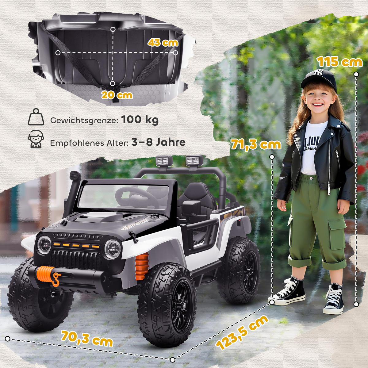 KINDER Elektroauto 12V Kinderauto Elektrisch mit Fernbedienung 2 Motor Hupe LED - Weiß, Metall (123.5/70.3/71.3cm) - AIYAPLAY