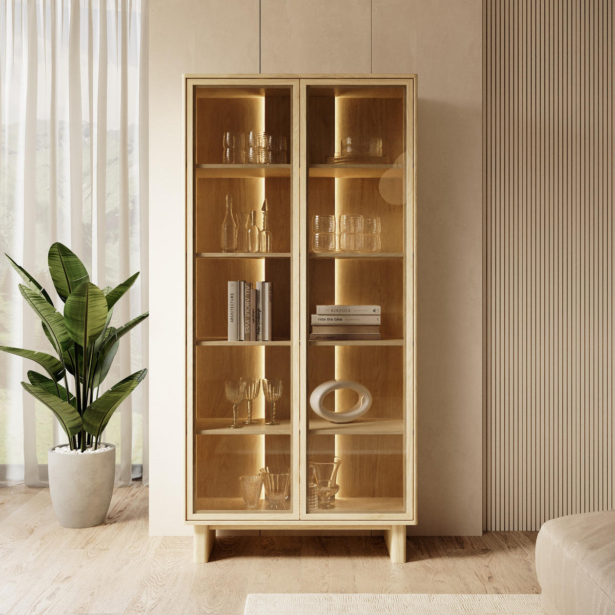 VITRINE VIRONE (Geölte Eiche, LED-Beleuchtung, Glasfronten, Push-to-Open, hohe Füße) - Eichefarben, Holz/Holzwerkstoff (93/195/38cm) - Ravio