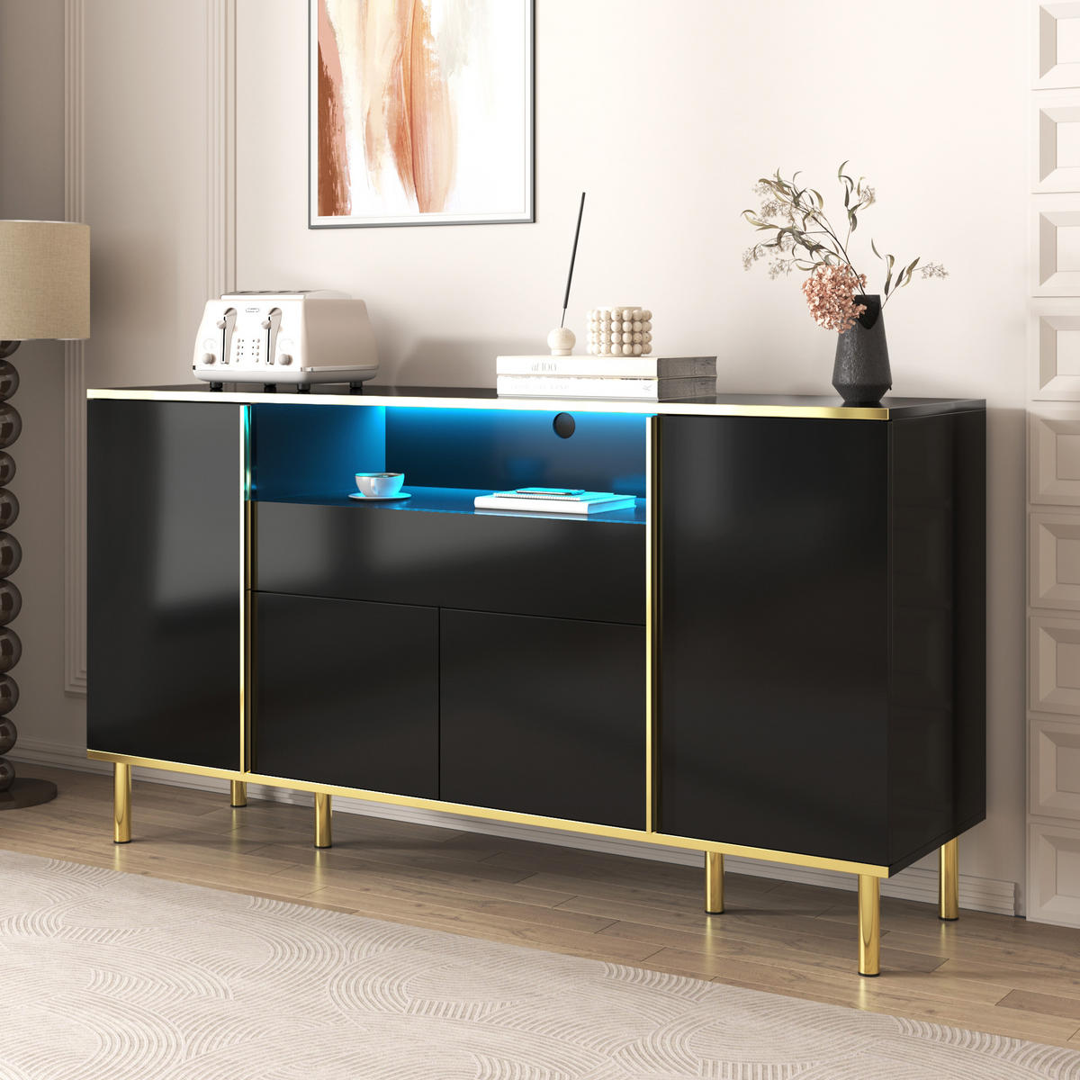 SIDEBOARD in Schwarz Kommode mit Schublade und Stauraum für Wohnzimmer und Schlafzimmer, B150/T40/H80cm - Goldfarben/Schwarz, Holzwerkstoff/Metall (150/80/40cm) - STILVORA