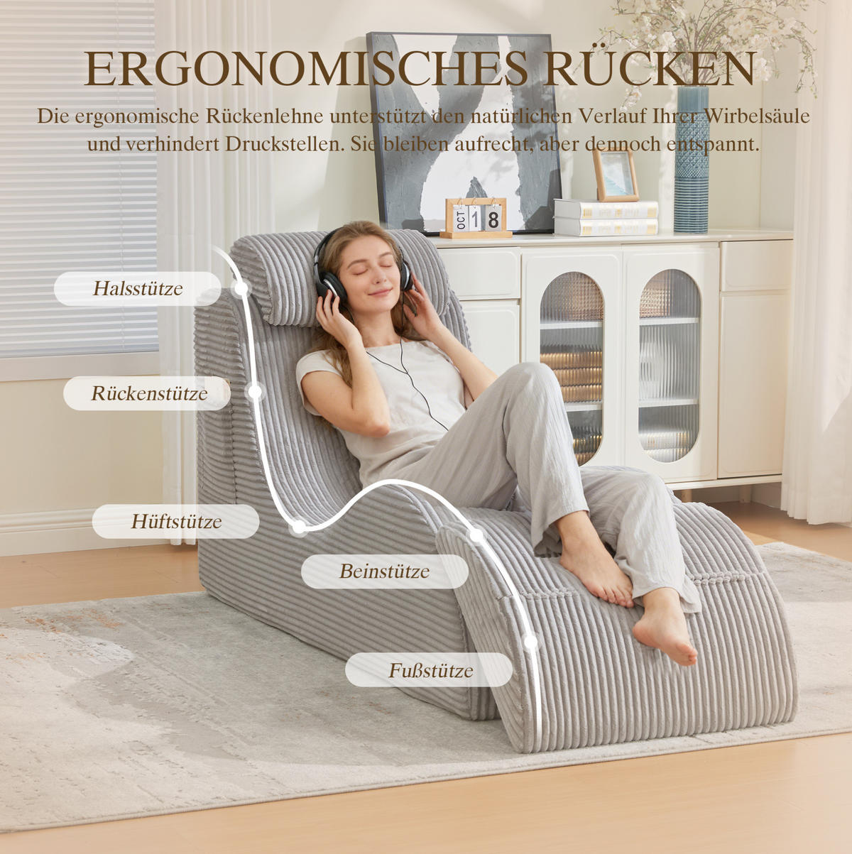 KŘESLO 160/66/90 cm světle šedé z manšestru s ergonomickým opěradlem a boční kapsou - světle šedá, textil (66/90/160cm) - OKWISH