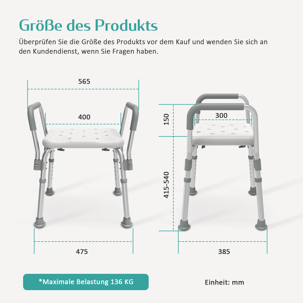 DUSCHHOCKER mit Abnehmbarer Armlehne 47,5/38,5/56,5 cm - Weiß, Metall (47/56/38cm) - EMKE
