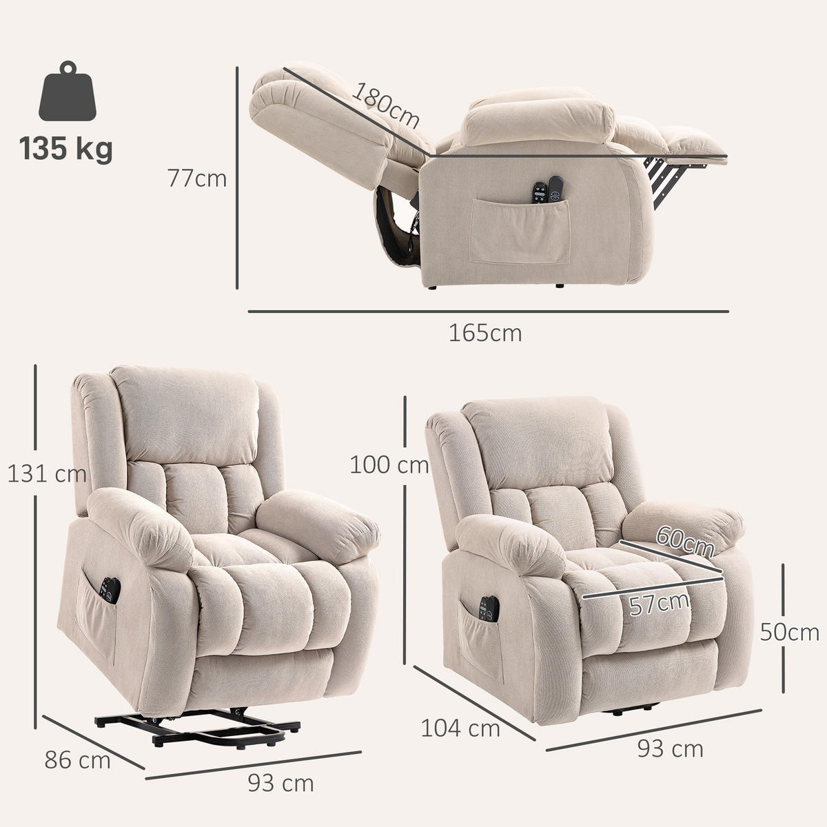 AUFSTEHSESSEL Samt Beige - Beige/Schwarz, Holz/Textil (104/100/93cm) - HOMCOM