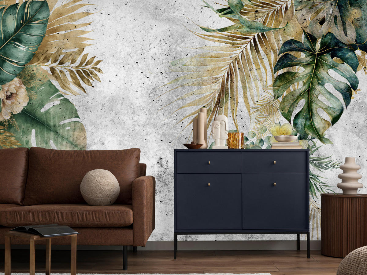 FOTOTAPETE für Wohnzimmer Tropische Blätter Blumen auf Grauer Beton 150x105 - Braun/Grau, Papier (150/105cm) - Muralo